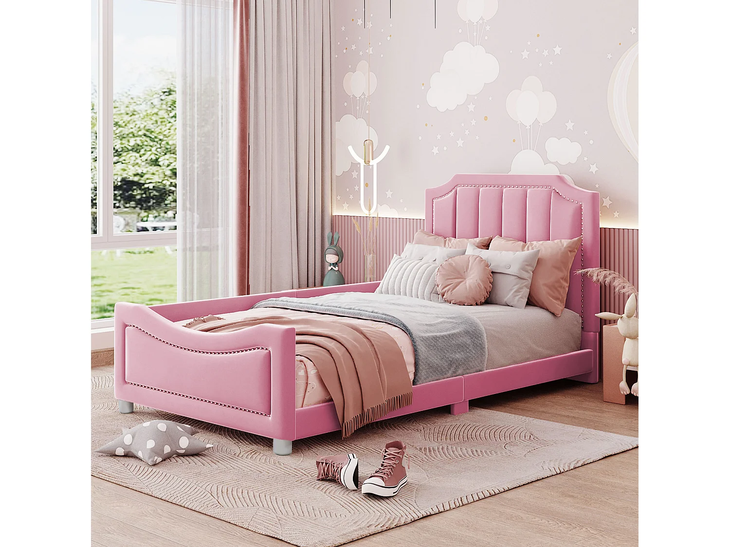 Lit enfant 90x200 cm avec dossier et accoudoirs, style canapé, bois flanelle et métal rose (Sans matelas)