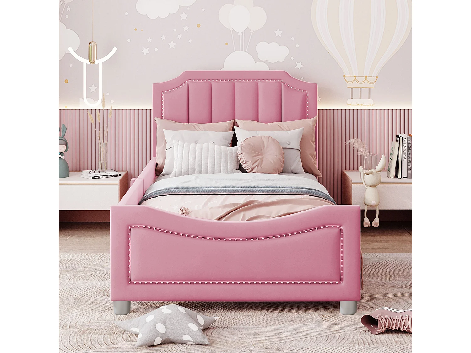 Lit enfant 90x200 cm avec dossier et accoudoirs, style canapé, bois flanelle et métal rose (Sans matelas)