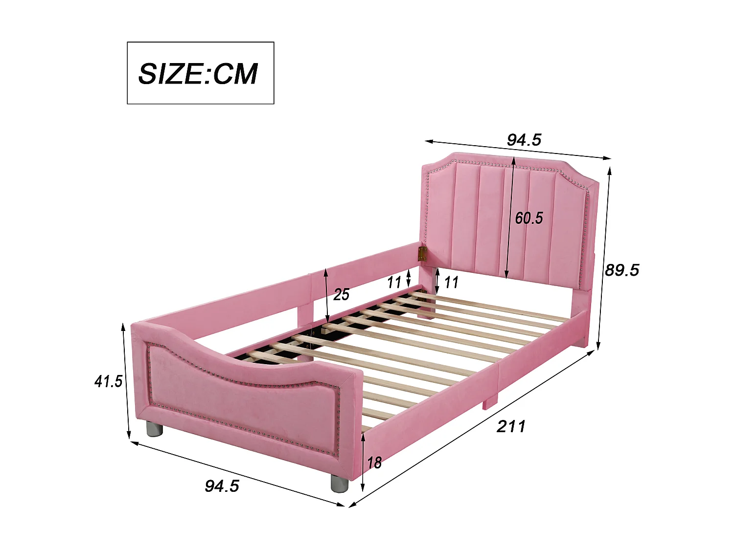 Lit enfant 90x200 cm avec dossier et accoudoirs, style canapé, bois flanelle et métal rose (Sans matelas)