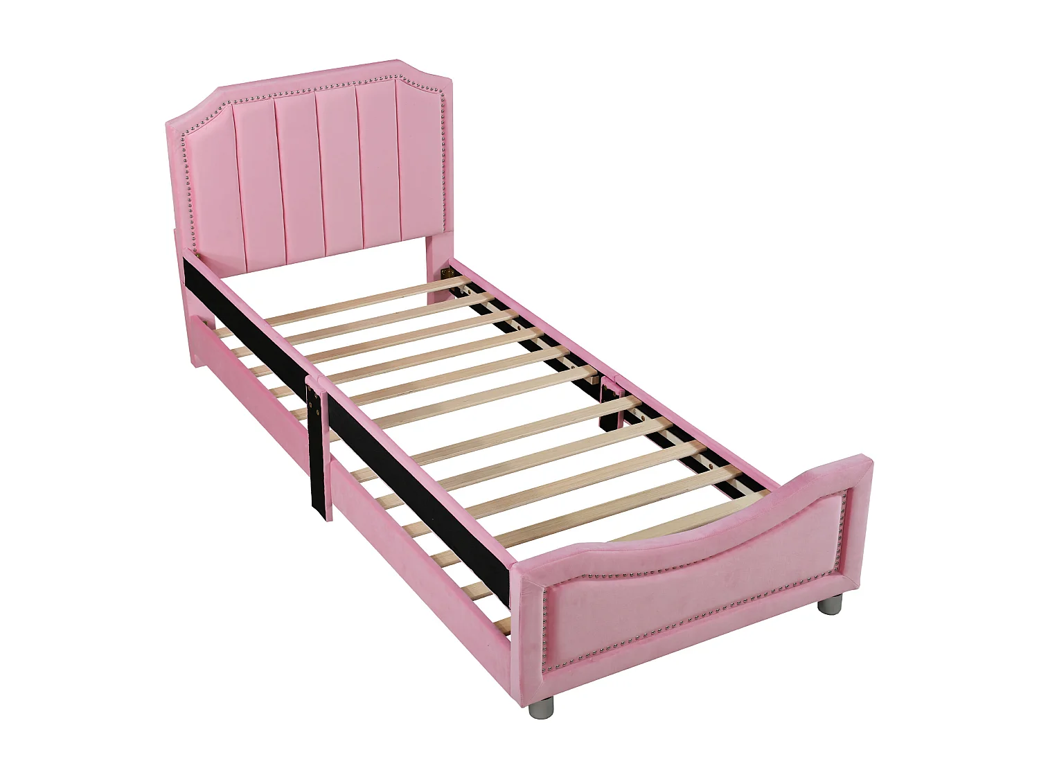 Lit enfant 90x200 cm avec dossier et accoudoirs, style canapé, bois flanelle et métal rose (Sans matelas)