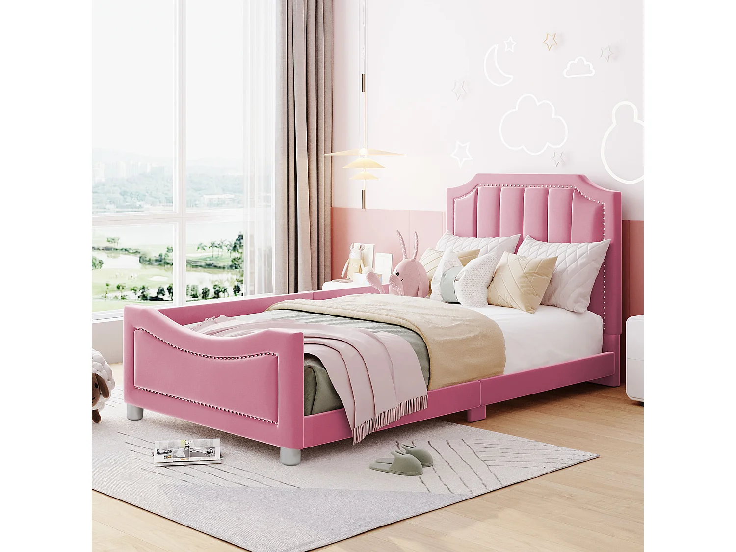 Lit enfant 90x200 cm avec dossier et accoudoirs, style canapé, bois flanelle et métal rose (Sans matelas)
