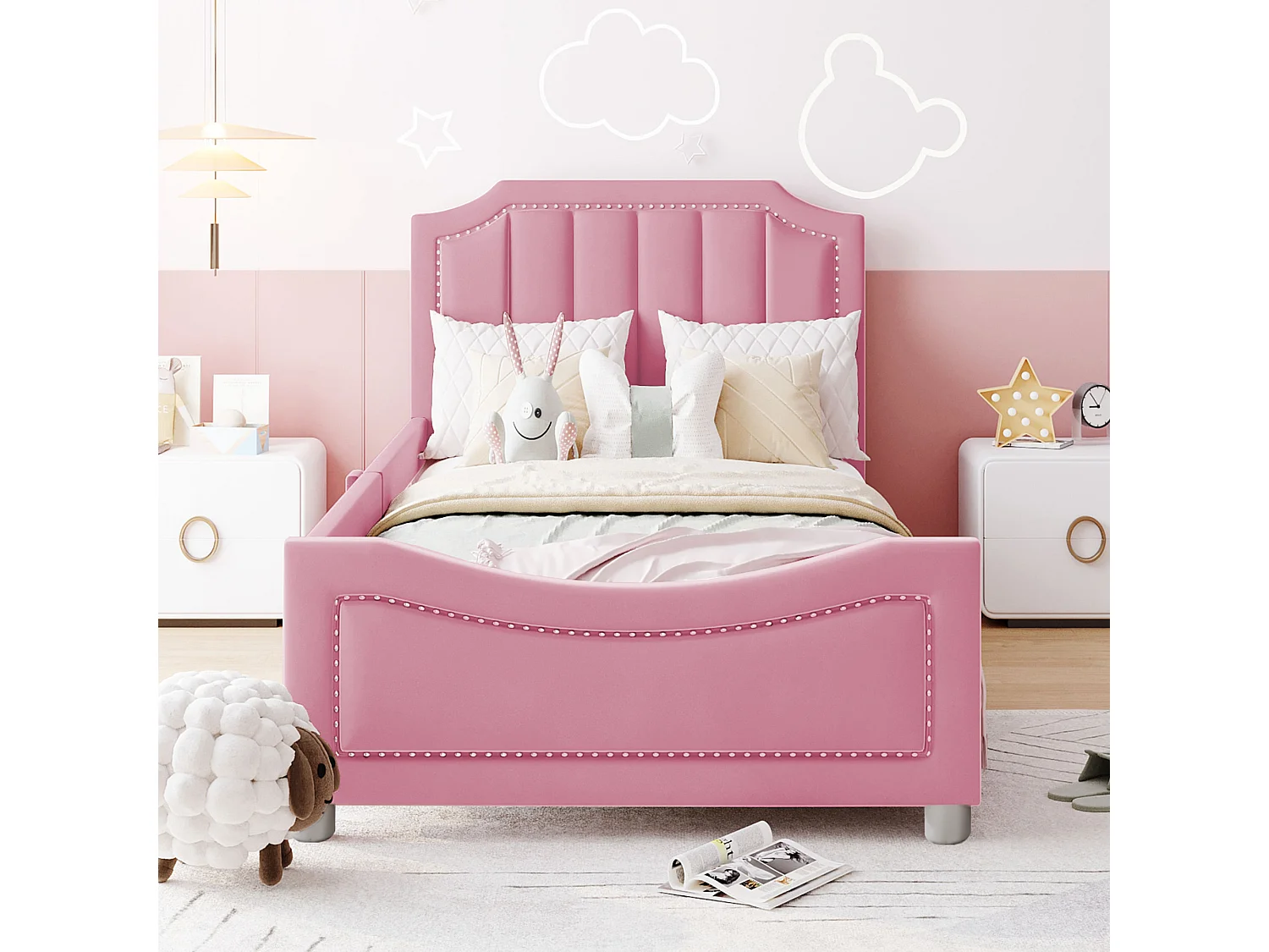 Lit enfant 90x200 cm avec dossier et accoudoirs, style canapé, bois flanelle et métal rose (Sans matelas)