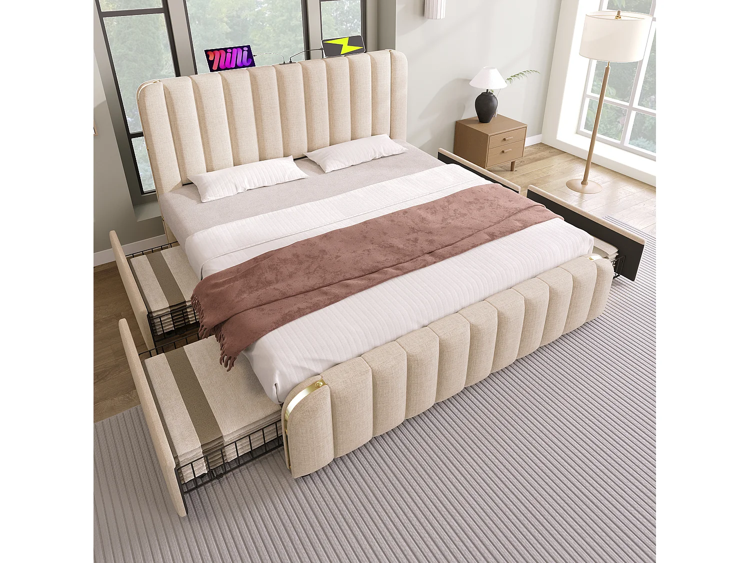 Lit double 180x200 cm avec USB et Type C, 4 tiroirs, lin beige (Sans matelas)