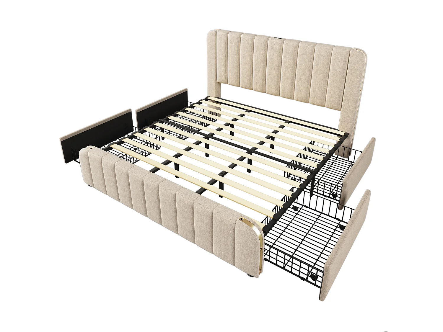 Lit double 180x200 cm avec USB et Type C, 4 tiroirs, lin beige (Sans matelas)