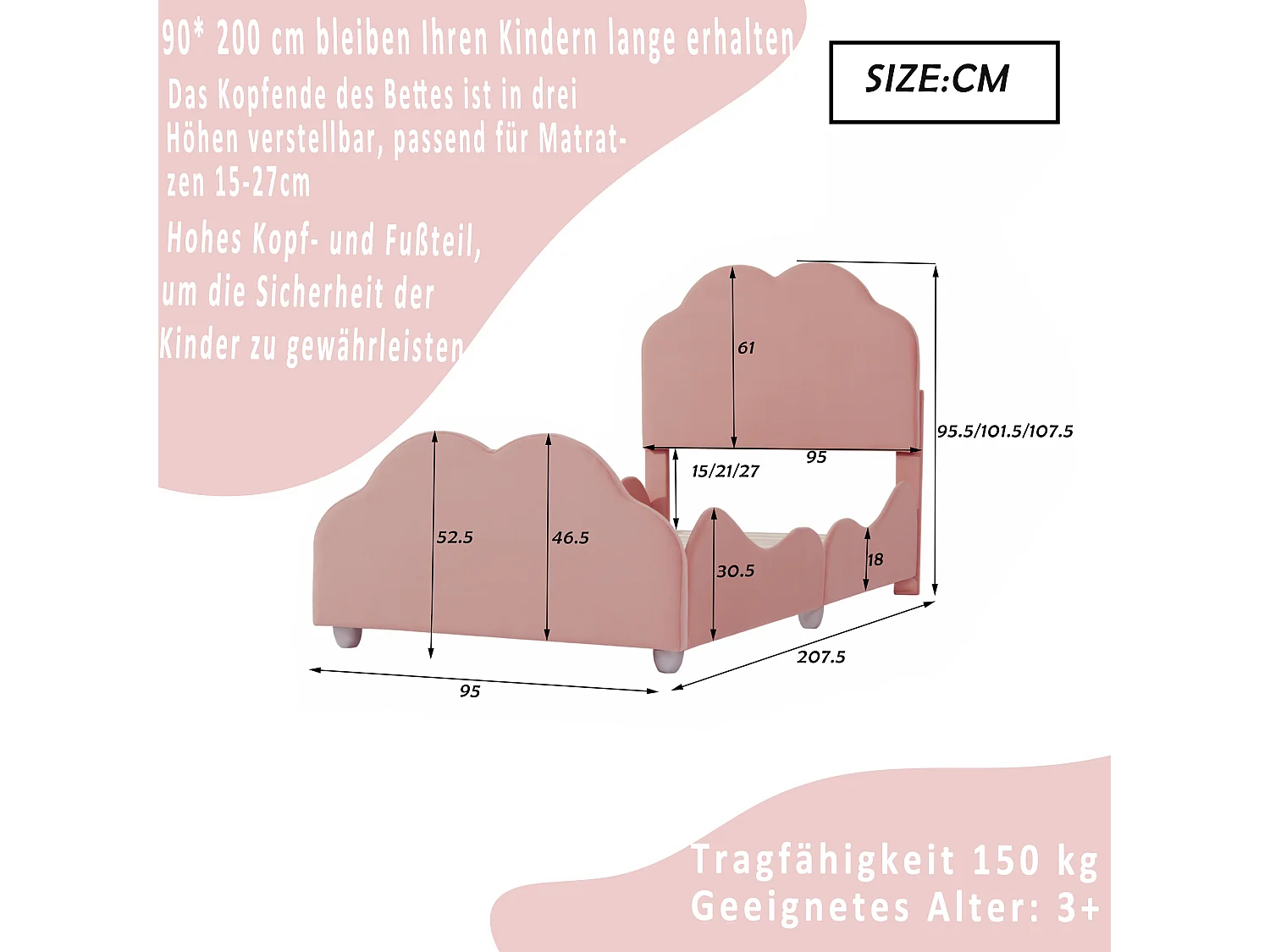Lit enfant 90x200cm avec Tête de lit en forme de nuage Cadre de lit avec barrière de sécurité haute en rose pour enfants et adolescents