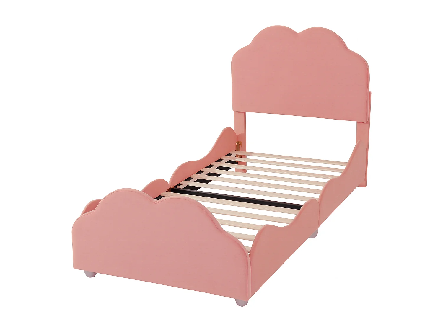 Lit enfant 90x200 cm avec garde corps élevé et tête et pied en forme de nuage en tissu rose (Sans matelas)