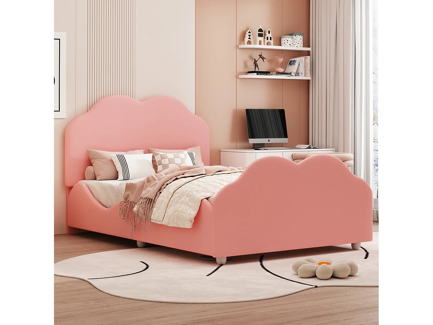 Lit enfant 90x200 cm avec garde corps élevé et tête et pied en forme de nuage en tissu rose (Sans matelas)