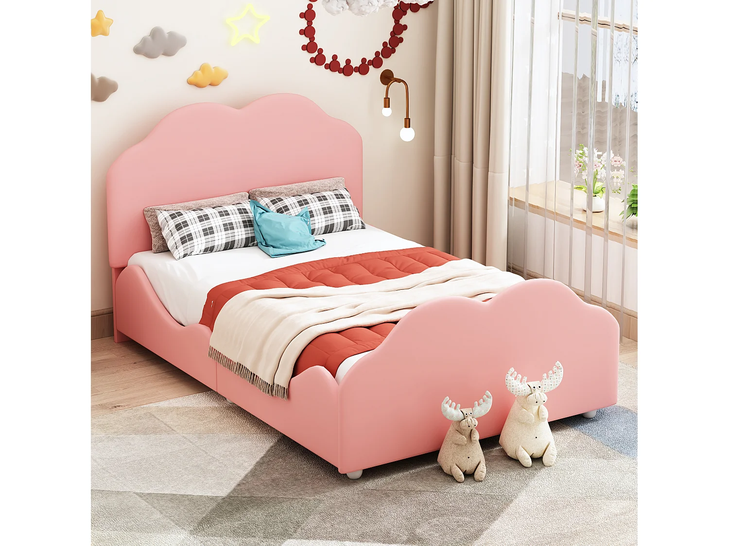 Lit enfant 90x200 cm avec garde corps élevé et tête et pied en forme de nuage en tissu rose (Sans matelas)
