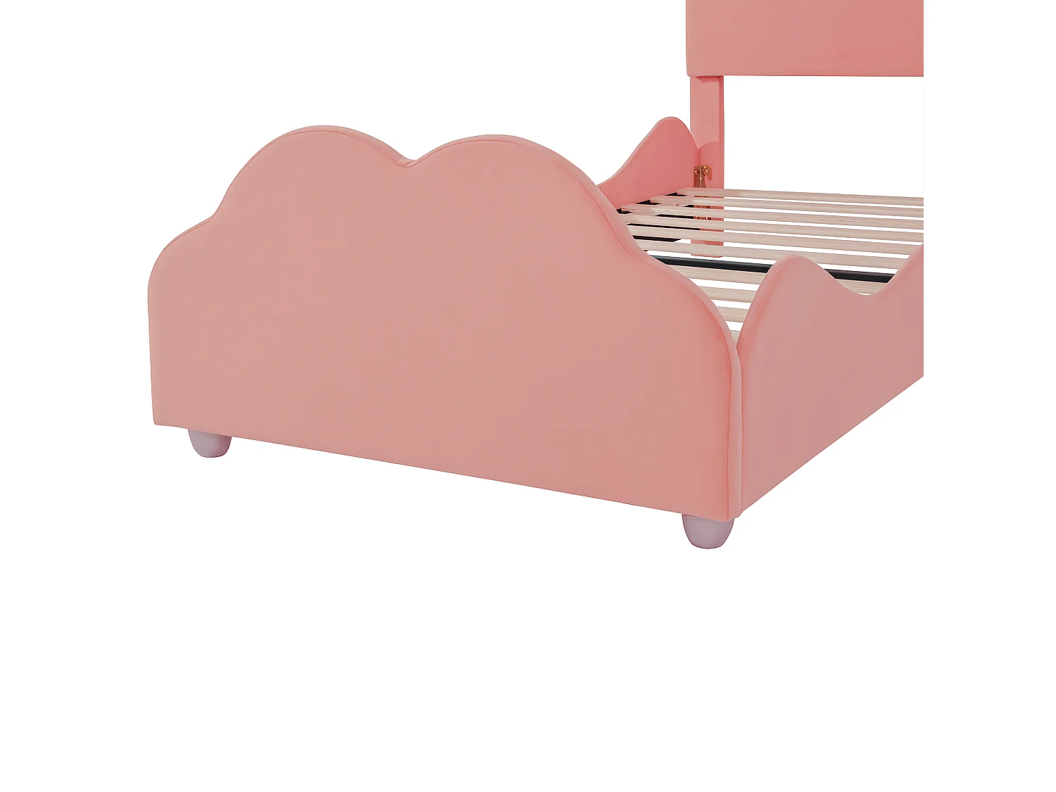 Lit enfant 90x200 cm avec garde corps élevé et tête et pied en forme de nuage en tissu rose (Sans matelas)