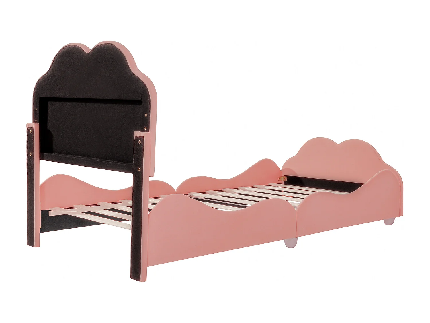 Lit enfant 90x200 cm avec garde corps élevé et tête et pied en forme de nuage en tissu rose (Sans matelas)