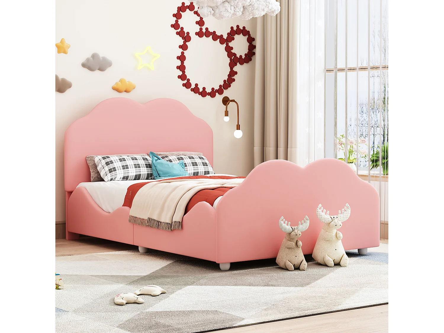 Lit enfant 90x200 cm avec garde corps élevé et tête et pied en forme de nuage en tissu rose (Sans matelas)