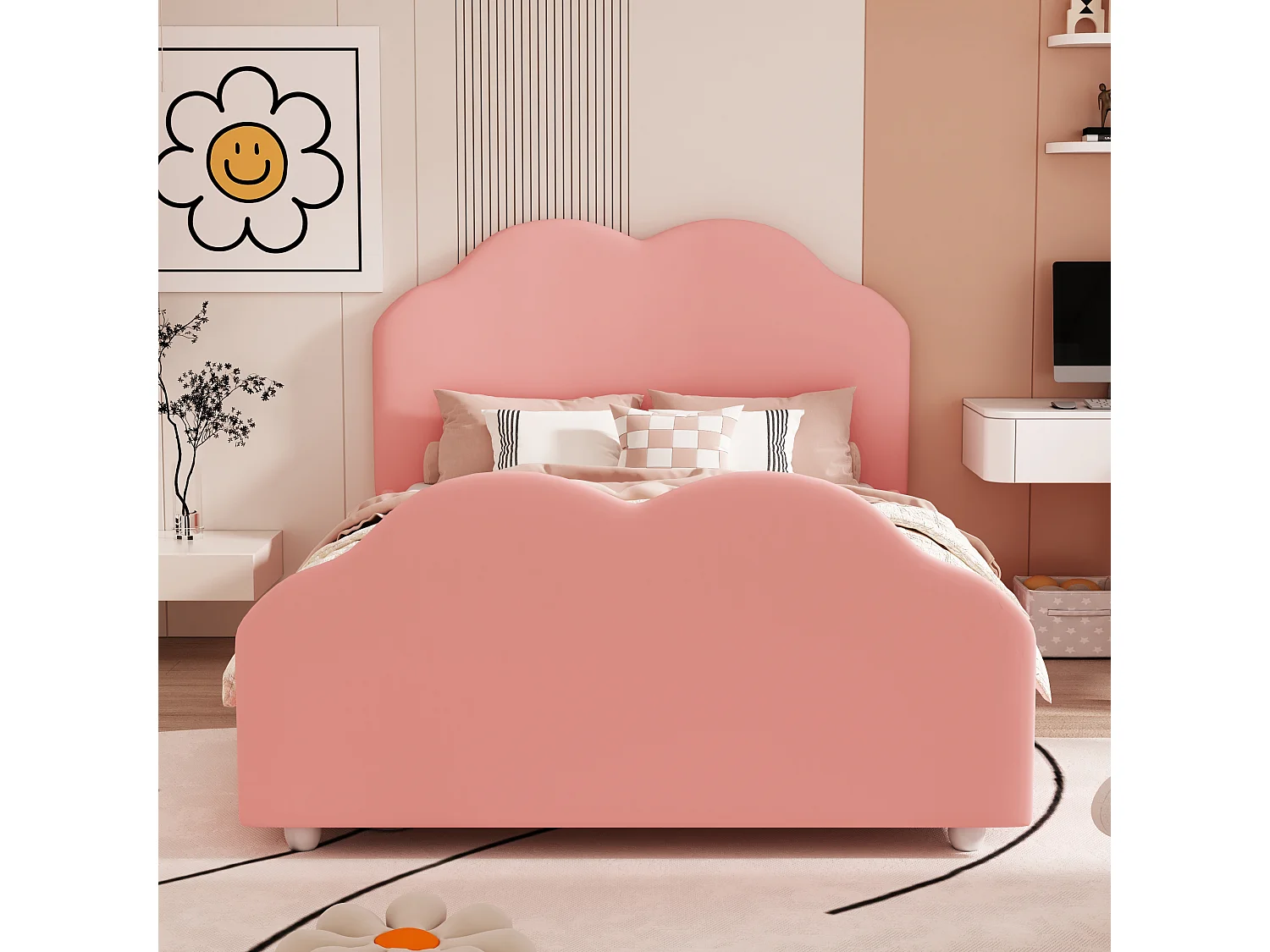 Lit enfant 90x200 cm avec garde corps élevé et tête et pied en forme de nuage en tissu rose (Sans matelas)