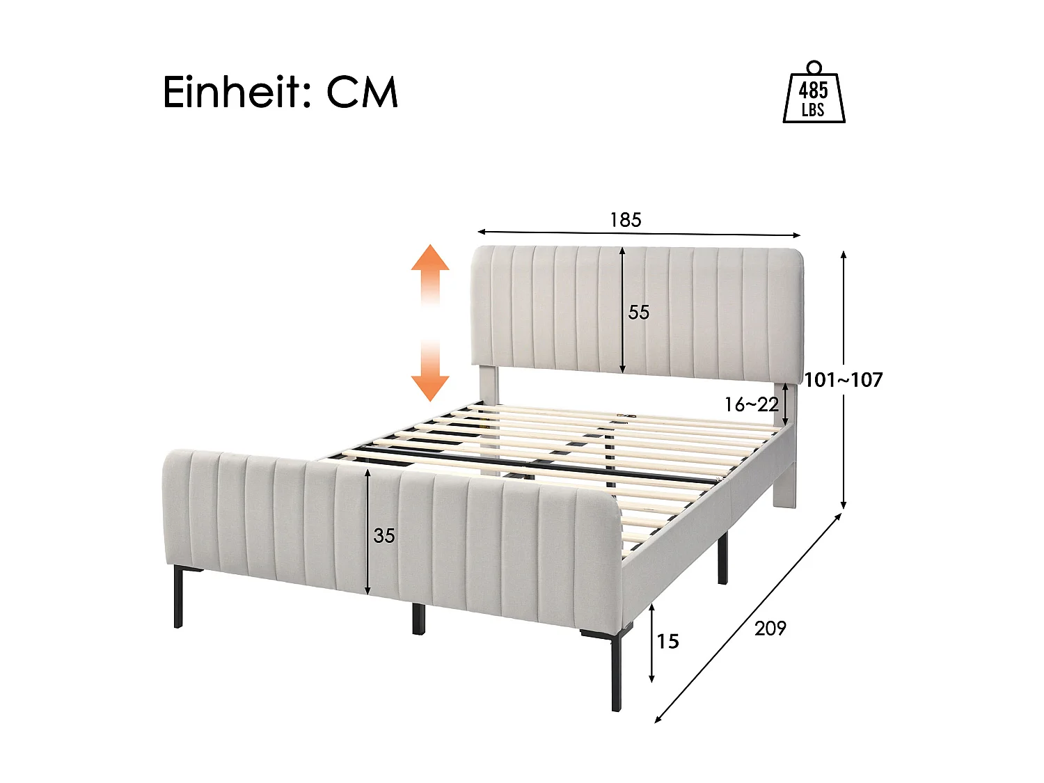 Lit double 180x200 cm avec tête de lit réglable, lattes en pin, lin gris et beige (Sans matelas)