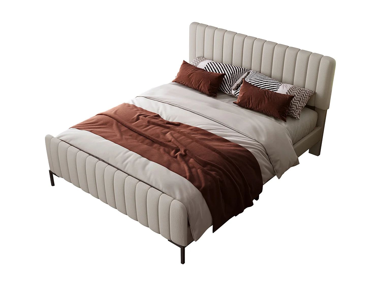 Lit double 180x200 cm avec tête de lit réglable, lattes en pin, lin gris et beige (Sans matelas)