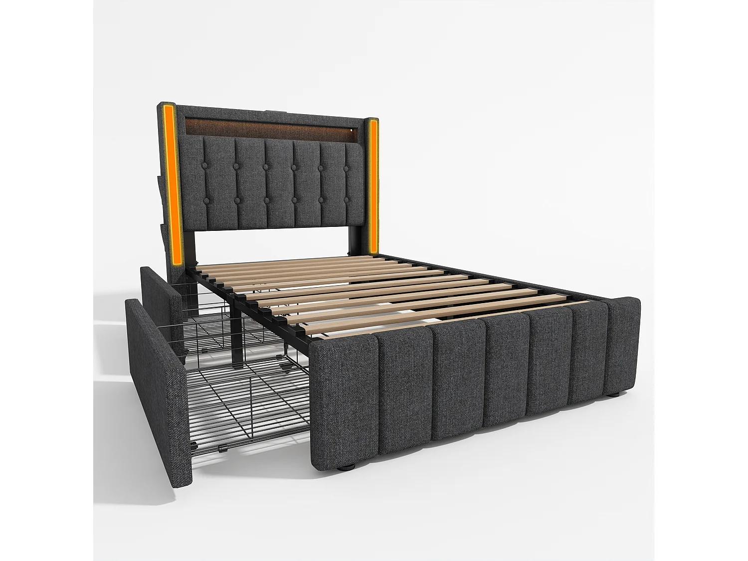 Lit simple 90x200 cm avec LED, USB Type C et 2 tiroirs en lin gris (Avec matelas)