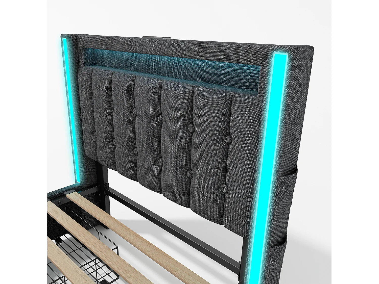 Lit simple 90x200 cm avec LED, USB Type C et 2 tiroirs en lin gris (Avec matelas)