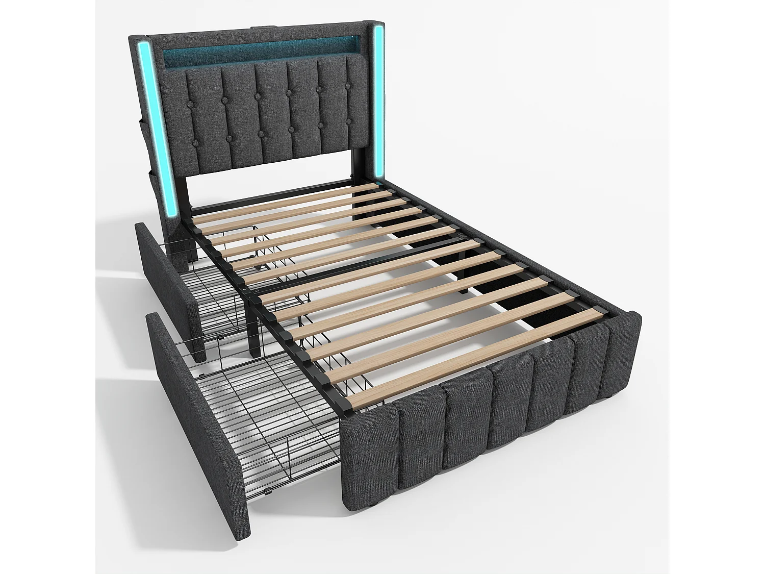 Lit simple 90x200 cm avec LED, USB Type C et 2 tiroirs en lin gris (Avec matelas)