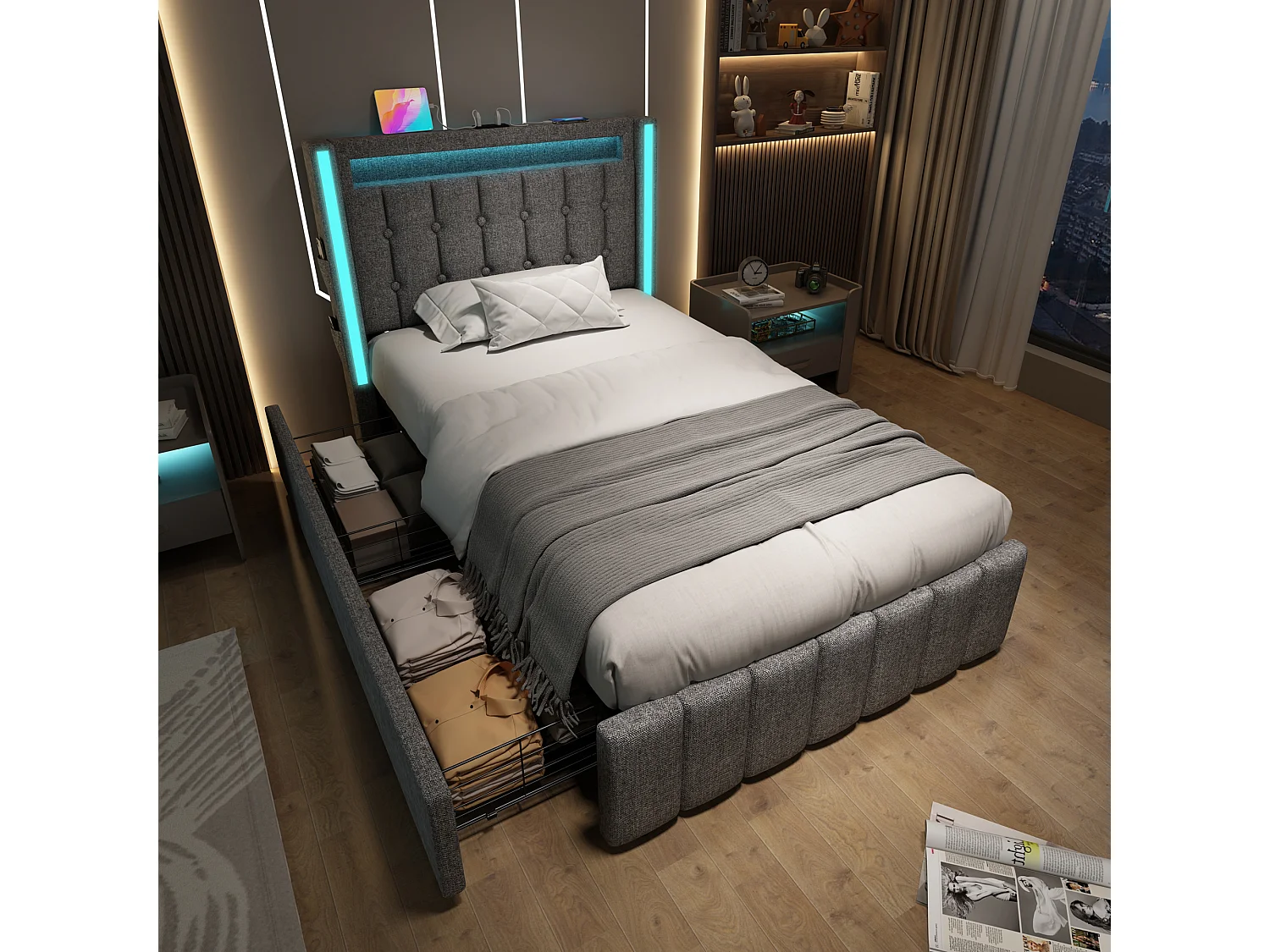 Lit simple 90x200 cm avec LED, USB Type C et 2 tiroirs en lin gris (Avec matelas)