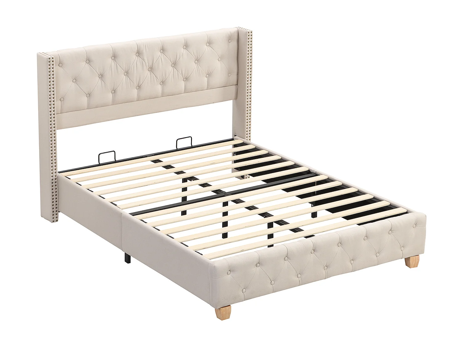 Lit double 140x190 cm avec tête de lit à boutons et rivets, sommier à lattes, lin beige (Sans matelas)