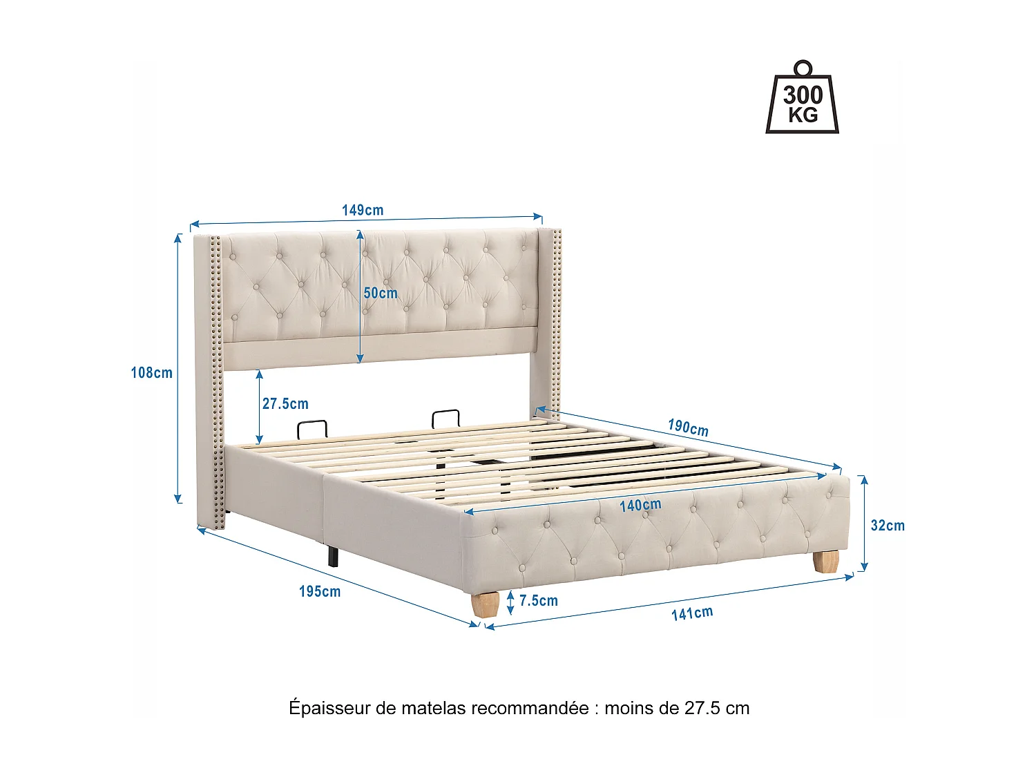 Lit double 140x190 cm avec tête de lit à boutons et rivets, sommier à lattes, lin beige (Sans matelas)