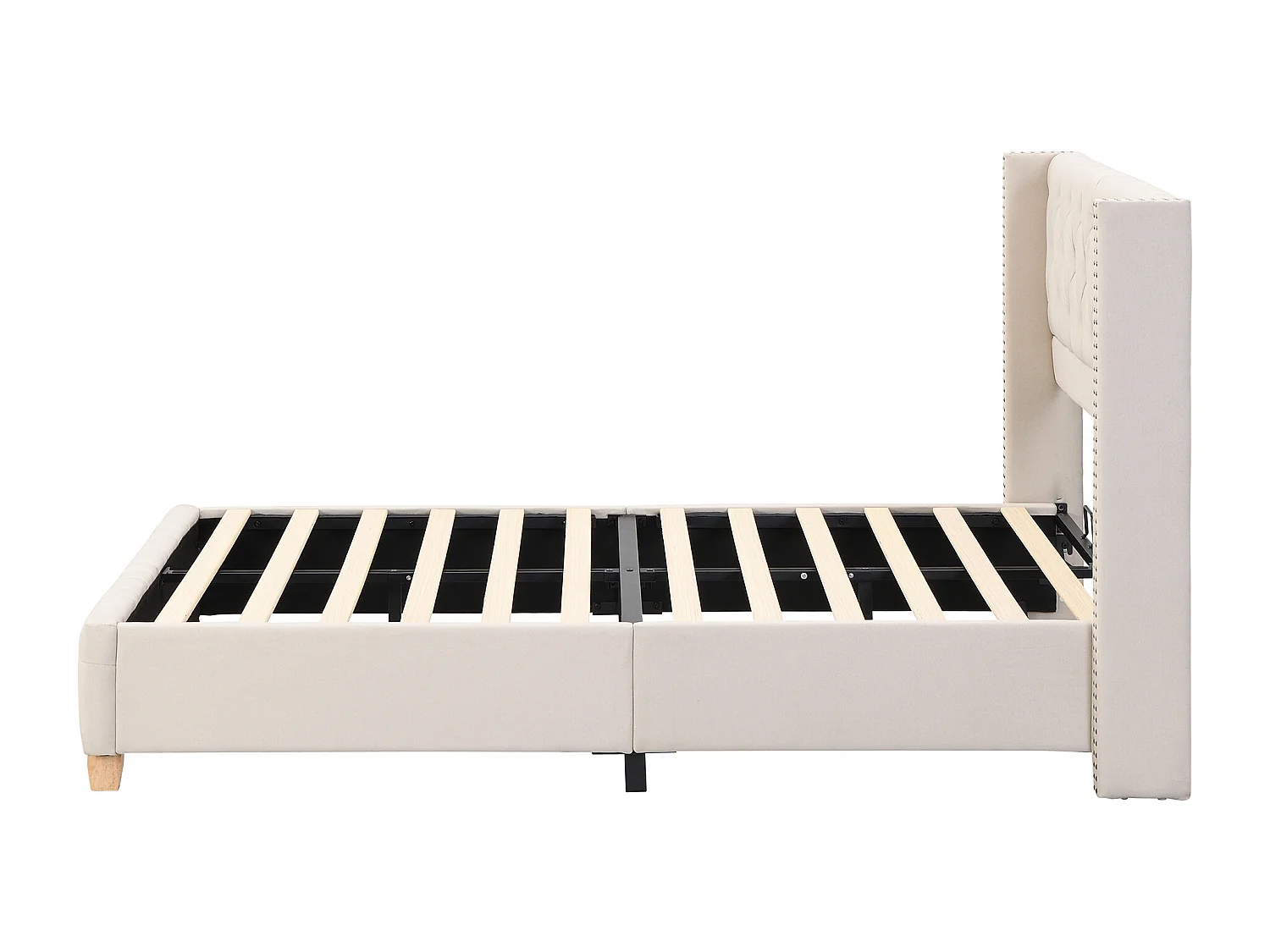 Lit double 140x190 cm avec tête de lit à boutons et rivets, sommier à lattes, lin beige (Sans matelas)