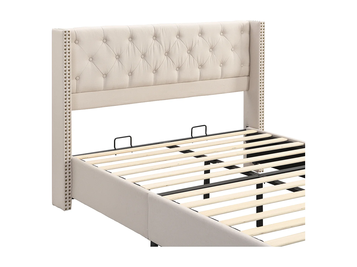 Lit double 140x190 cm avec tête de lit à boutons et rivets, sommier à lattes, lin beige (Sans matelas)