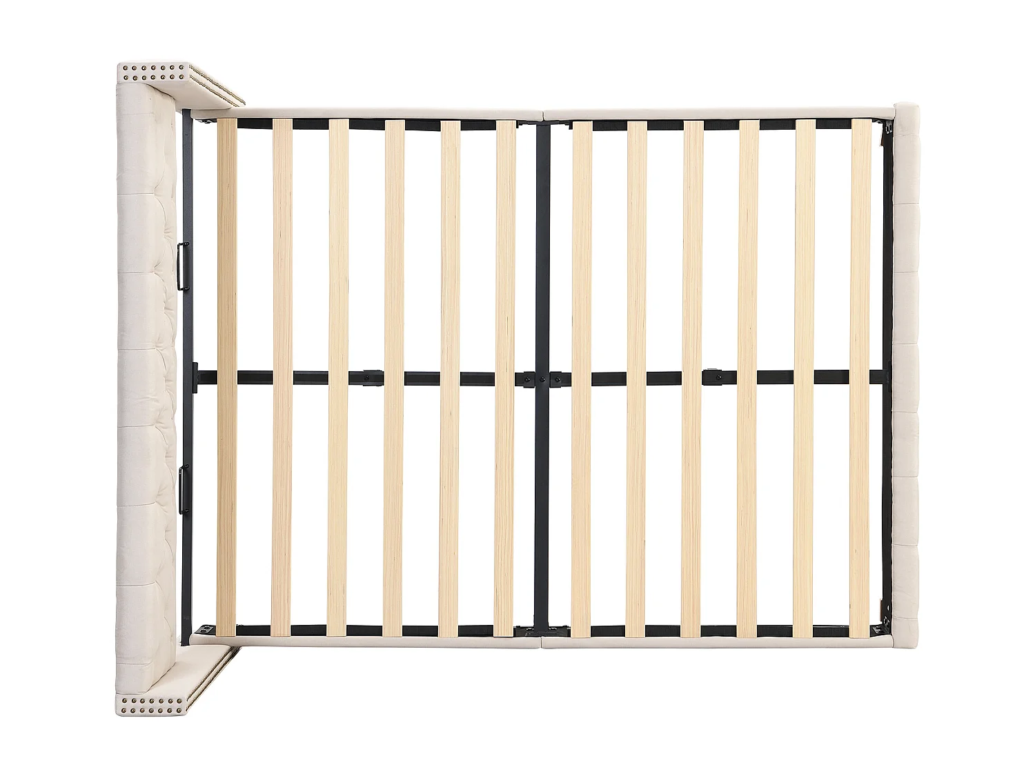 Lit double 140x190 cm avec tête de lit à boutons et rivets, sommier à lattes, lin beige (Sans matelas)