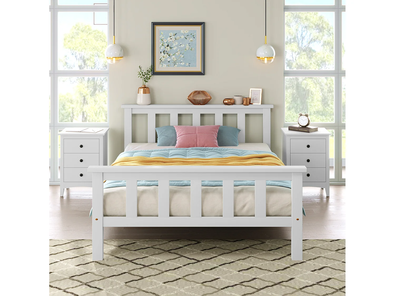Lit simple 90x200 cm avec tête de lit et sommier à lattes, design compact, bois, blanc (Sans matelas)