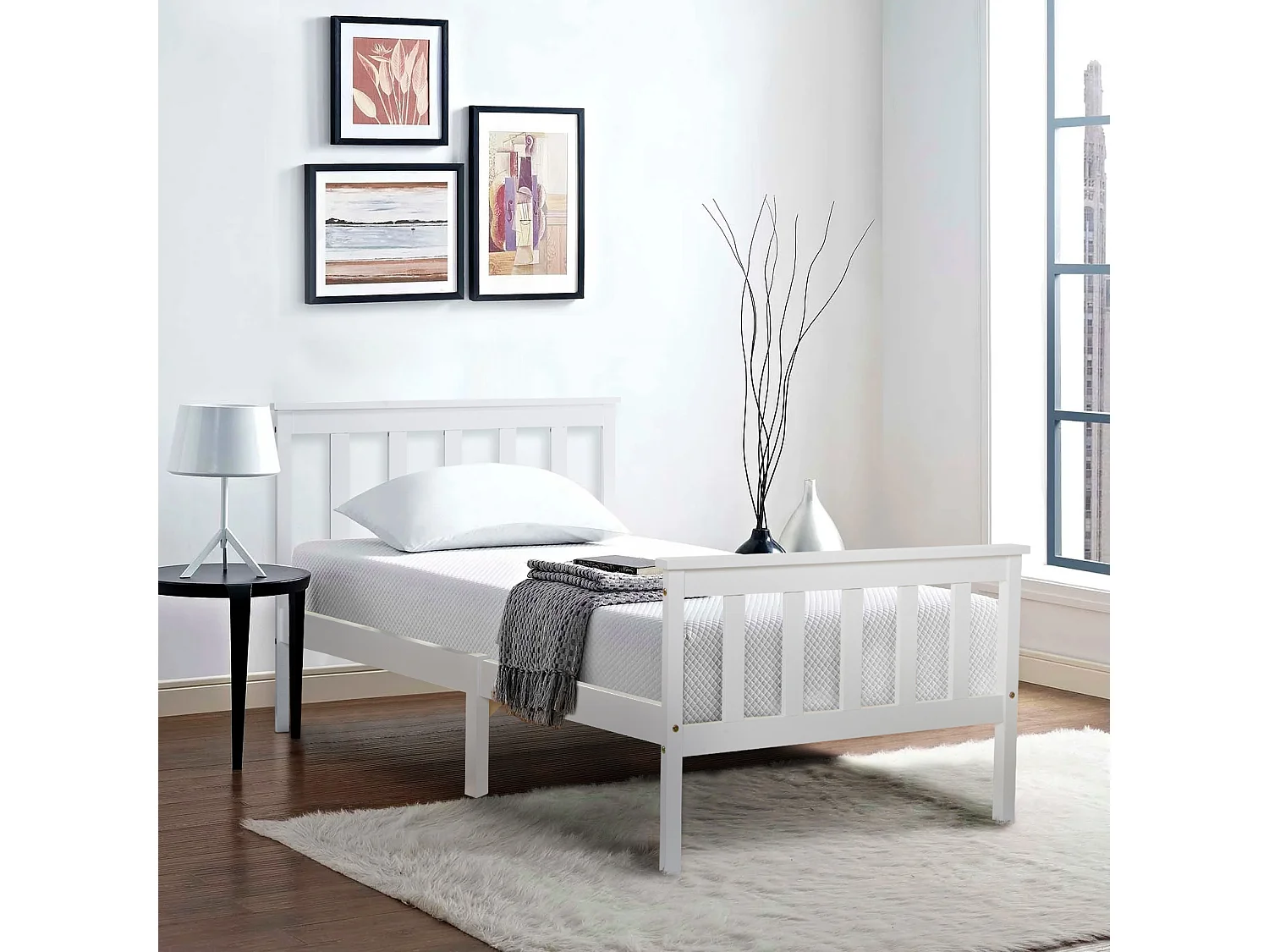 Lit simple 90x200 cm avec tête de lit et sommier à lattes, design compact, bois, blanc (Sans matelas)