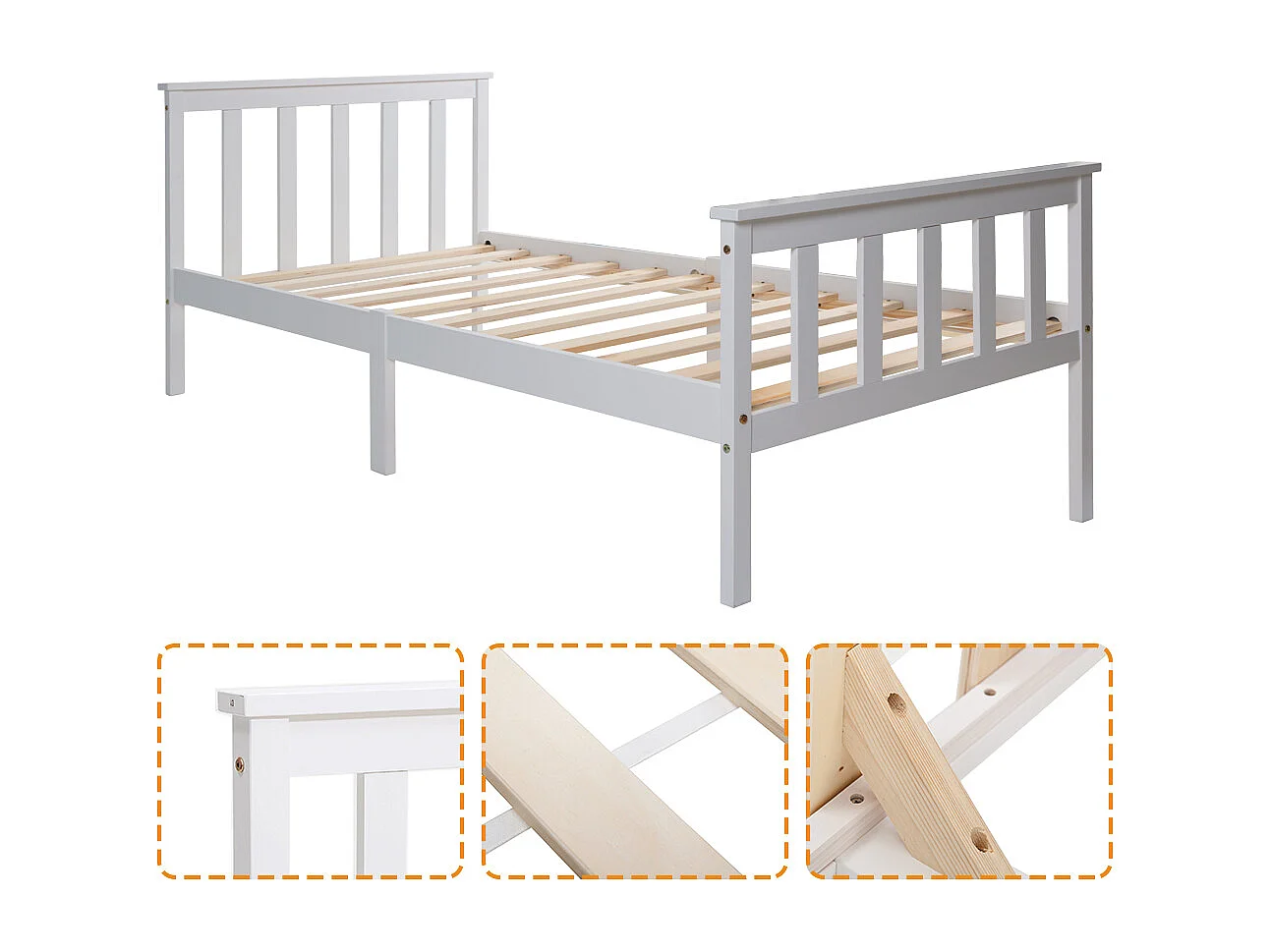 Lit simple 90x200 cm avec tête de lit et sommier à lattes, design compact, bois, blanc (Sans matelas)