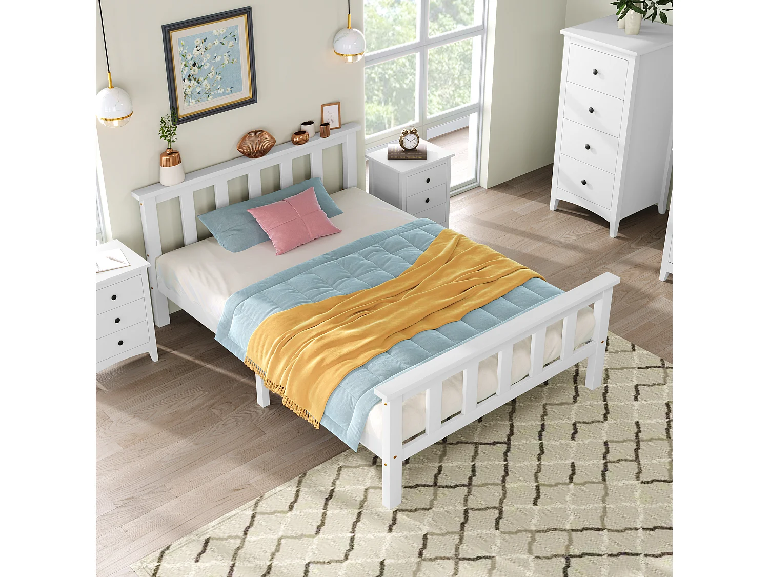 Lit simple 90x200 cm avec tête de lit et sommier à lattes, design compact, bois, blanc (Sans matelas)