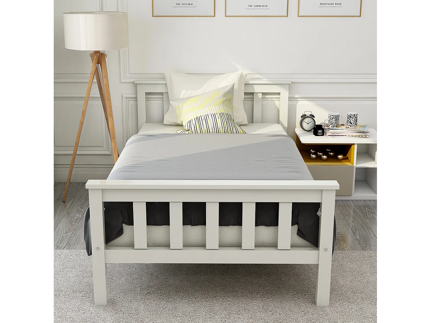 Lit simple 90x200 cm avec tête de lit et sommier à lattes, design compact, bois, blanc (Sans matelas)