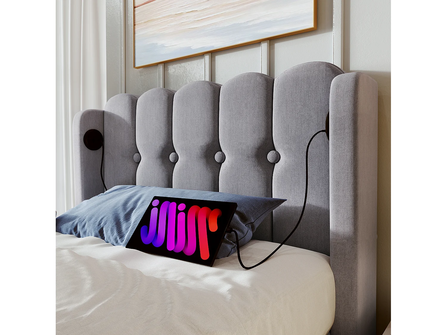 Lit enfant 90x200cm avec USB Type C matelas en bois sommier à lattes gris pour enfants et adolescents