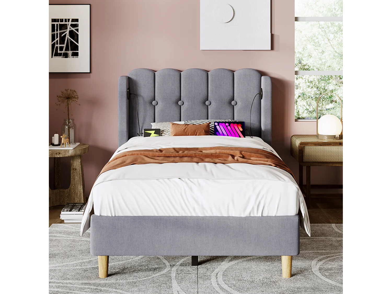 Lit simple 90x200 cm avec USB et USB C, sommier à lattes et tête de lit rembourrée, tissu lin gris (Avec matelas)