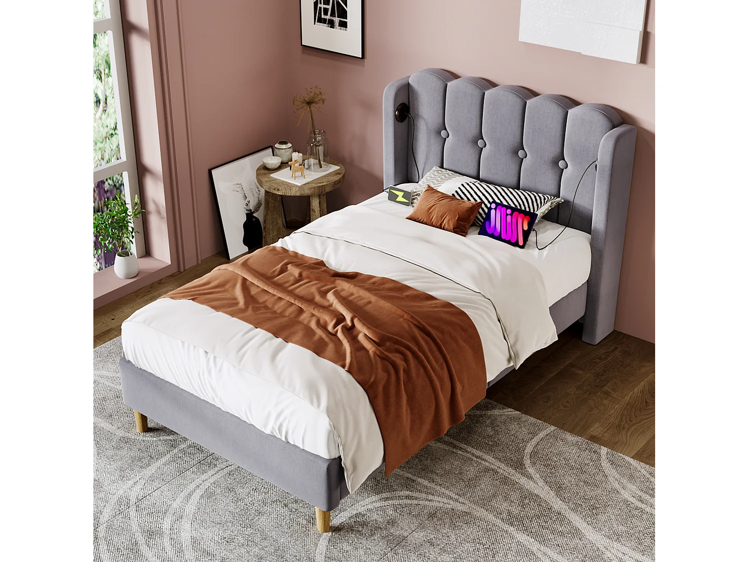 Lit simple 90x200 cm avec USB et USB C, sommier à lattes et tête de lit rembourrée, tissu lin gris (Avec matelas)