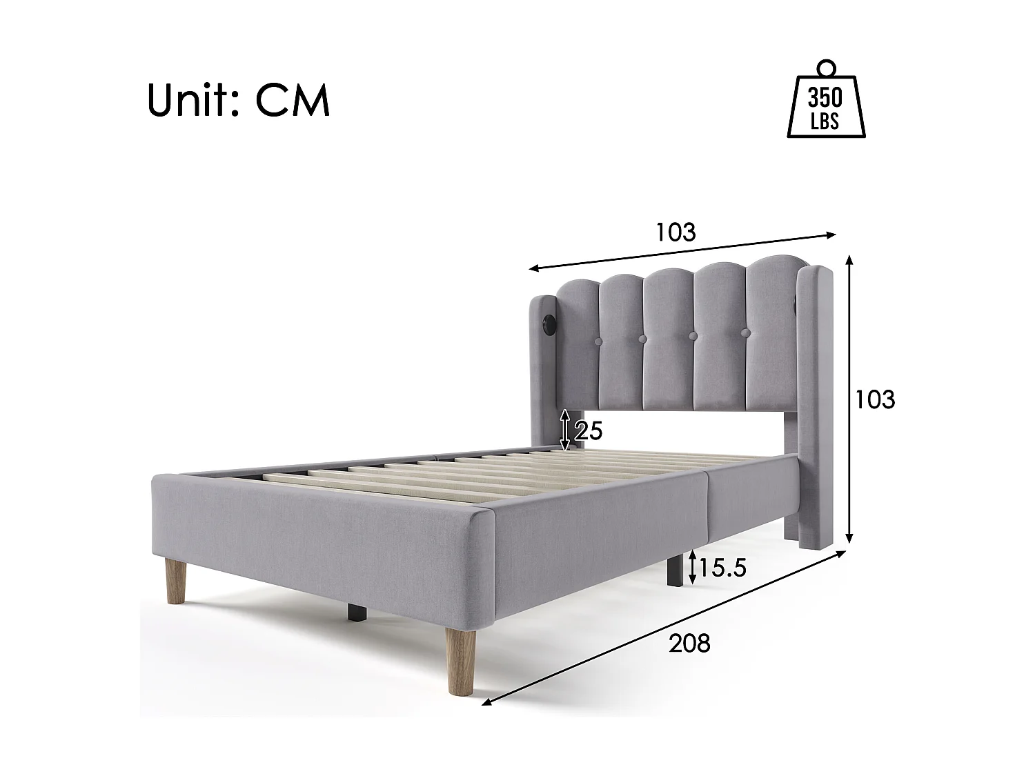 Lit simple 90x200 cm avec USB et USB C, sommier à lattes et tête de lit rembourrée, tissu lin gris (Avec matelas)