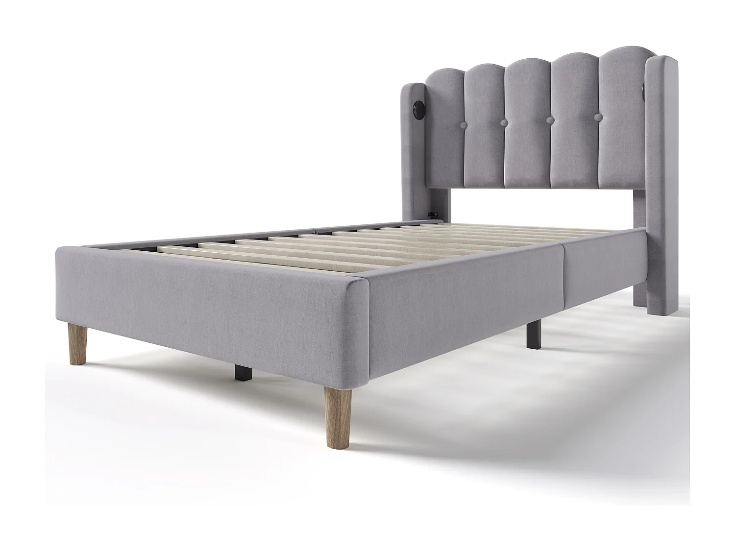 Lit simple 90x200 cm avec USB et USB C, sommier à lattes et tête de lit rembourrée, tissu lin gris (Avec matelas)