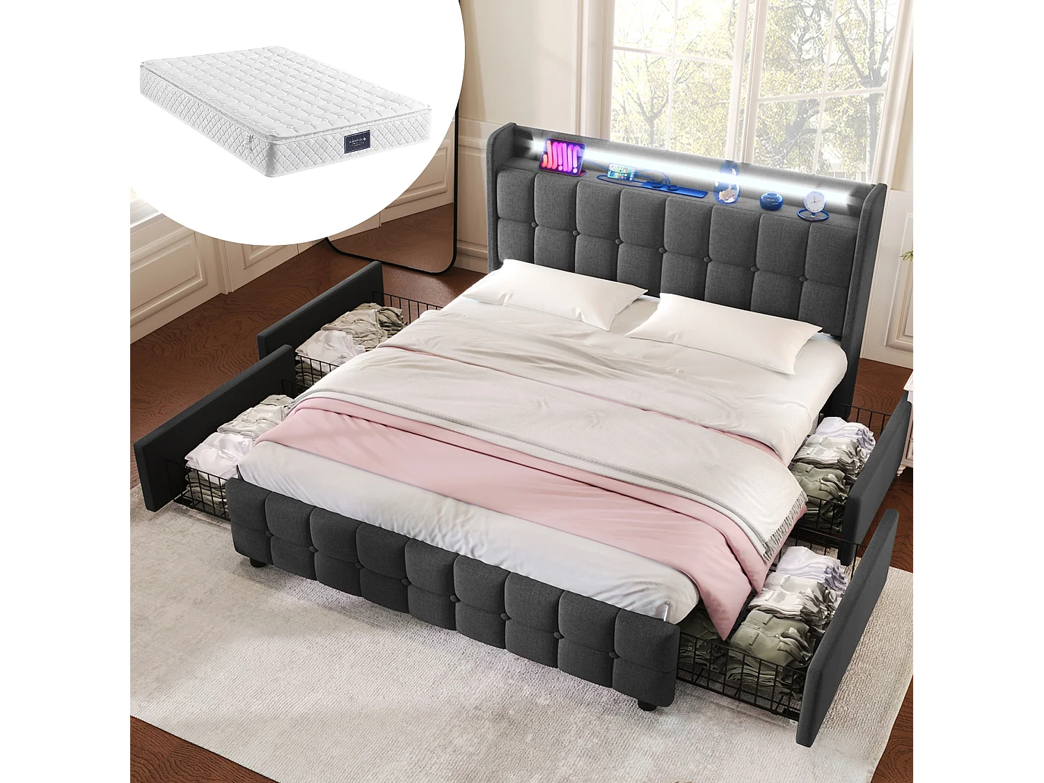 Lit double 160x200 cm avec LED, prises et USB, 4 tiroirs, bois, gris (Avec matelas)