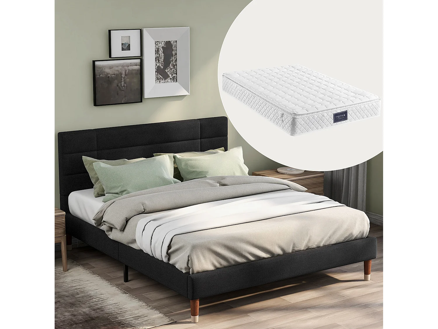 Lit double 140x200cm avec tête de lit cadre rembourré - Bois - Noir - (Avec matelas)