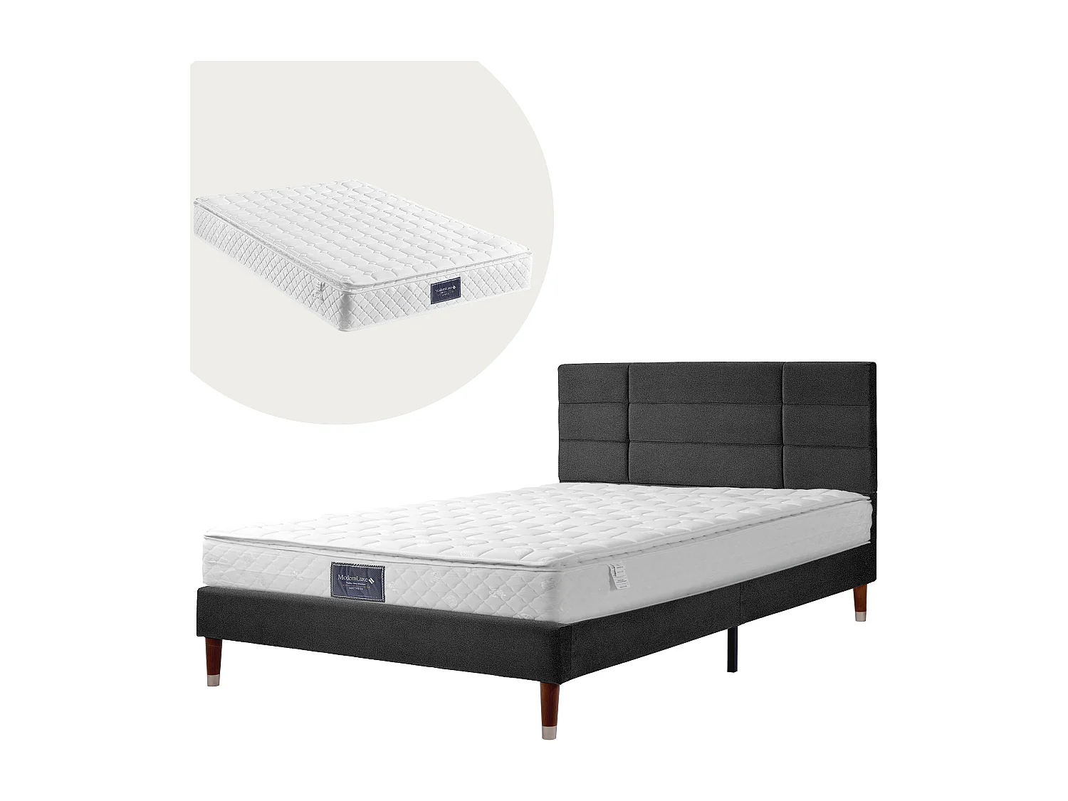 Lit double 140x200 cm avec matelas, tête de lit rembourrée, rangement sous le lit, bois, noir (Avec matelas)