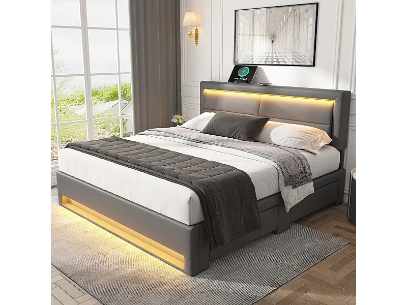 Lit adulte 140x190 cm avec sommier - tête de lit capitonnée avec USB LED et 4 tiroirs - similicuir - gris (sans matelas)