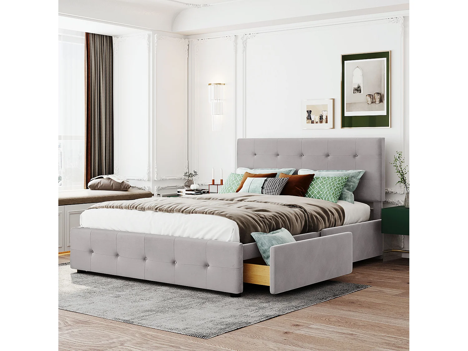 Lit double 140x200 cm avec 4 tiroirs, sommier à lattes et tête de lit, tissu rembourré gris (Sans matelas)