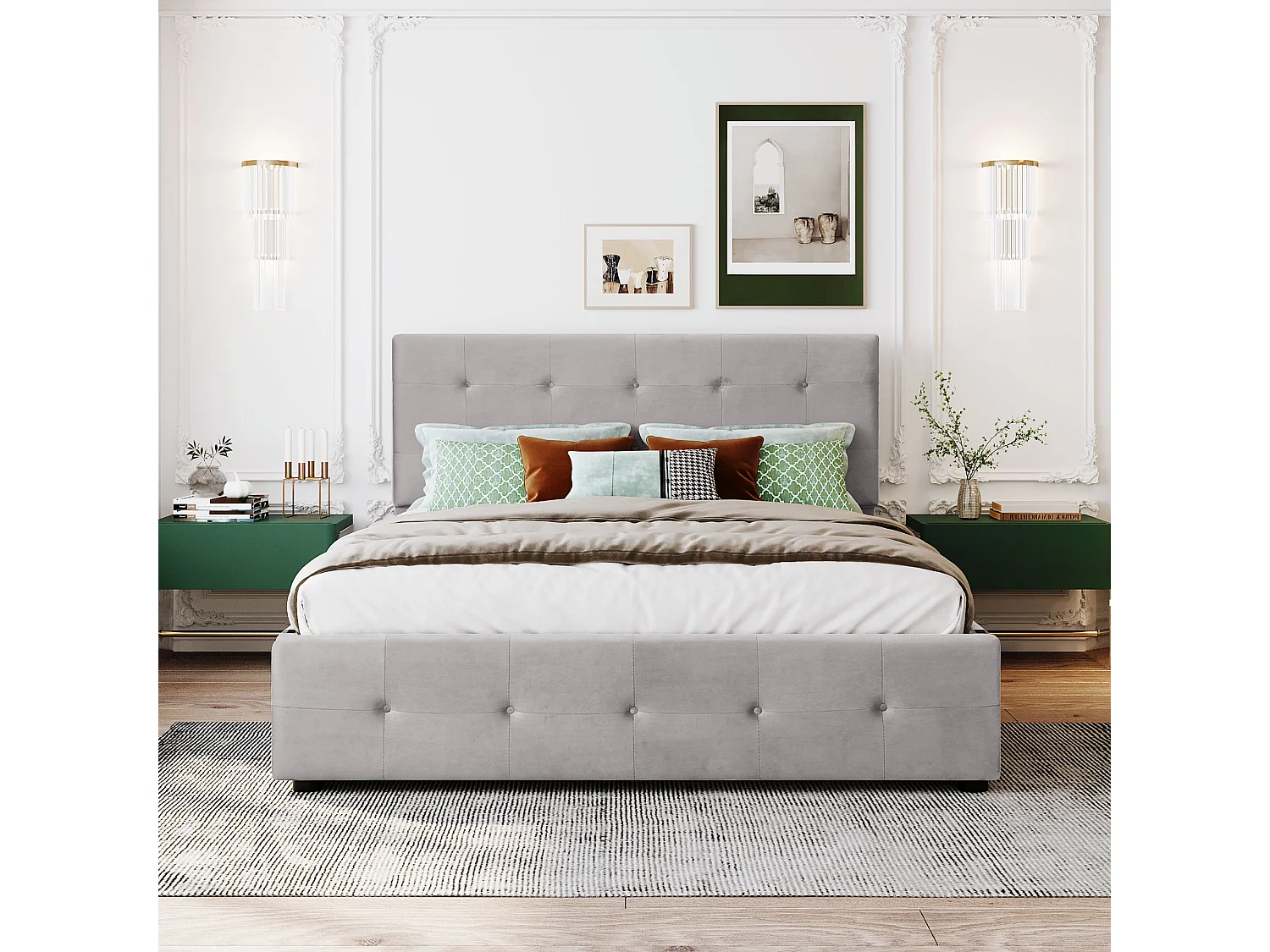 Lit double 140x200 cm avec 4 tiroirs, sommier à lattes et tête de lit, tissu rembourré gris (Sans matelas)