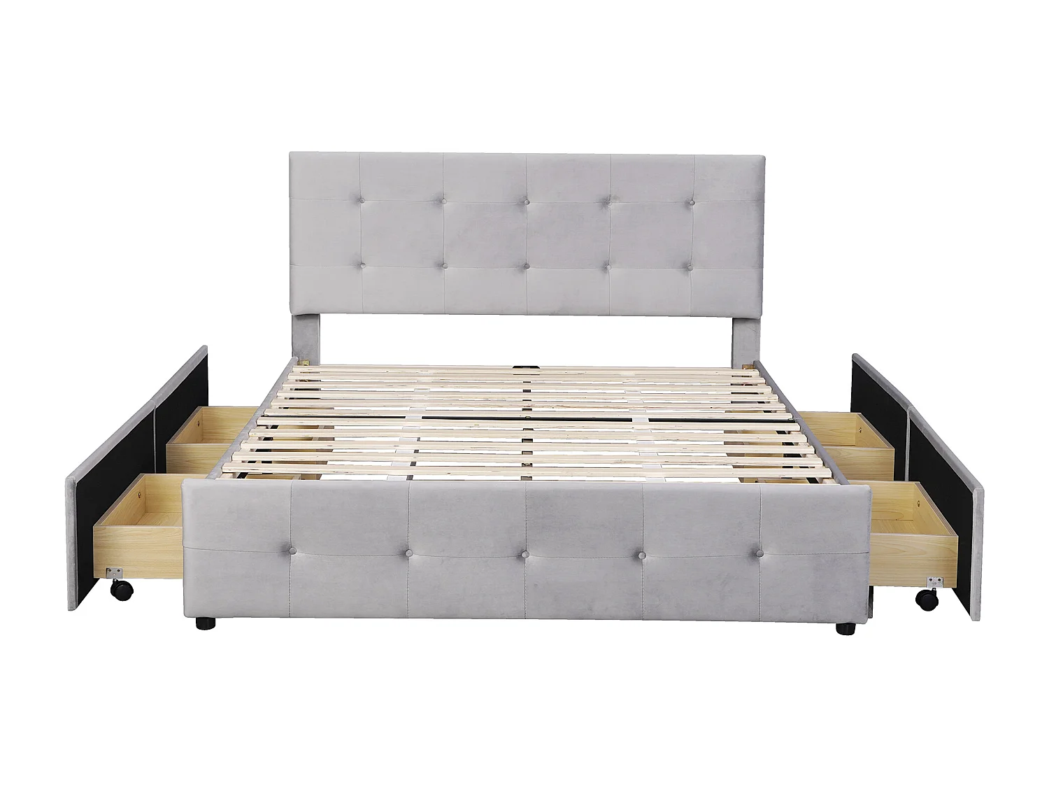 Lit double 140x200 cm avec 4 tiroirs, sommier à lattes et tête de lit, tissu rembourré gris (Sans matelas)
