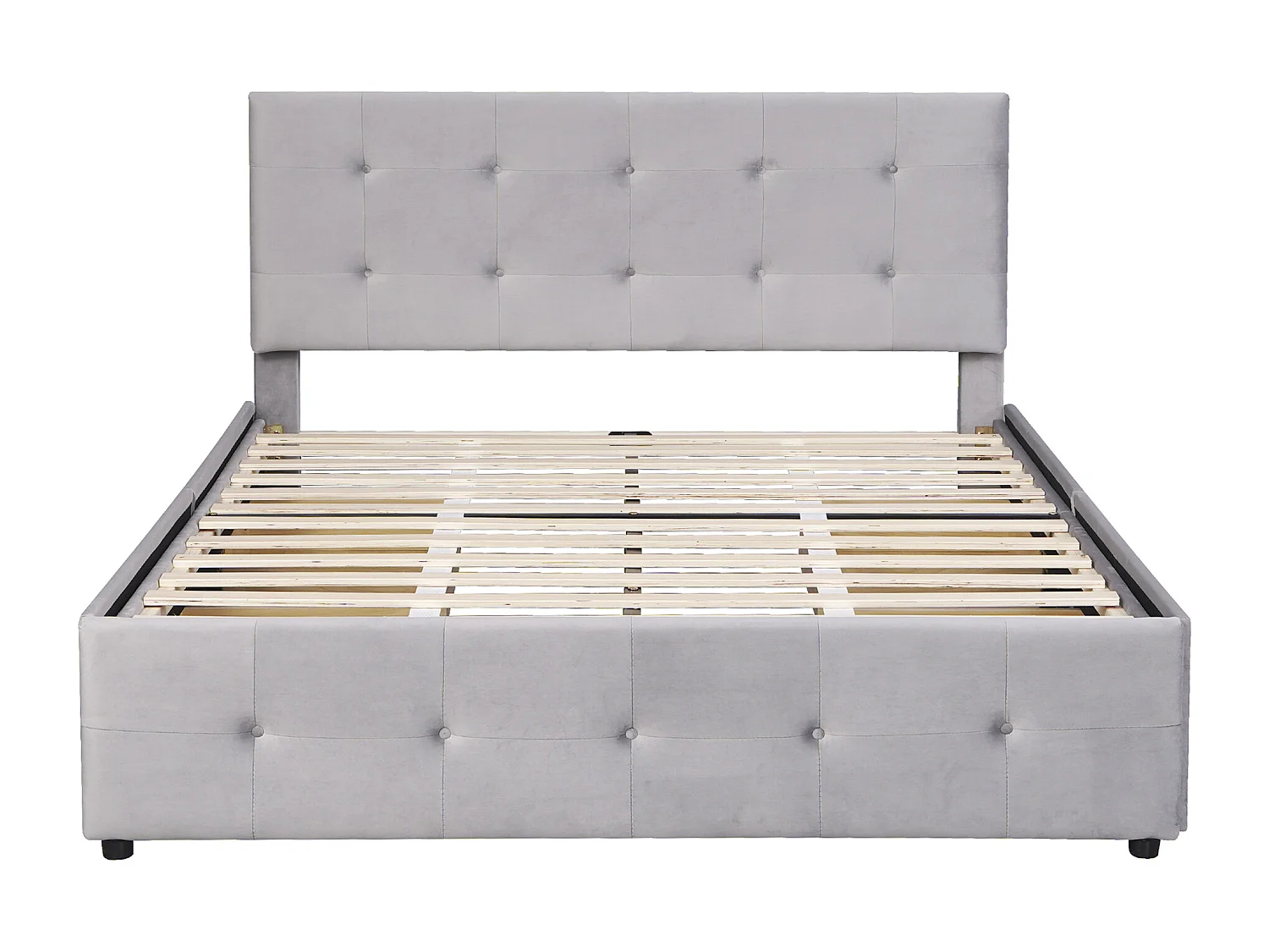 Lit double 140x200 cm avec 4 tiroirs, sommier à lattes et tête de lit, tissu rembourré gris (Sans matelas)