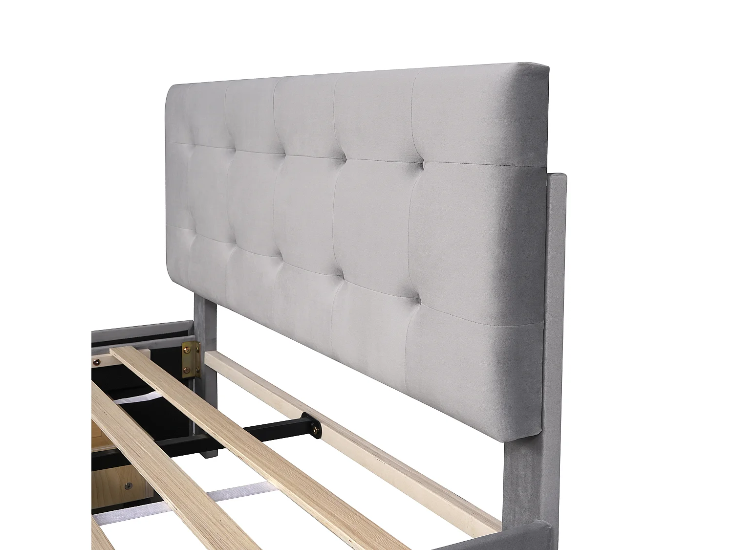 Lit double 140x200 cm avec 4 tiroirs, sommier à lattes et tête de lit, tissu rembourré gris (Sans matelas)