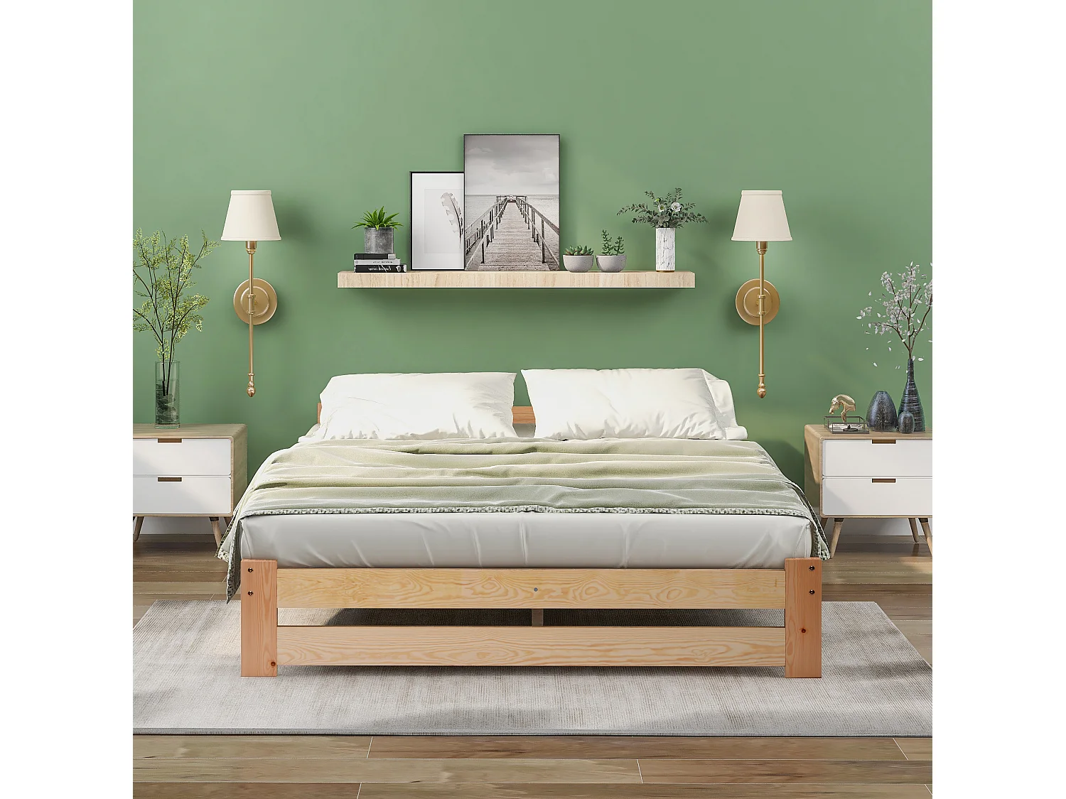 Lit double 140x200cm avec tête de lit et sommier à lattes Couleur naturelle pour enfants et adolescents