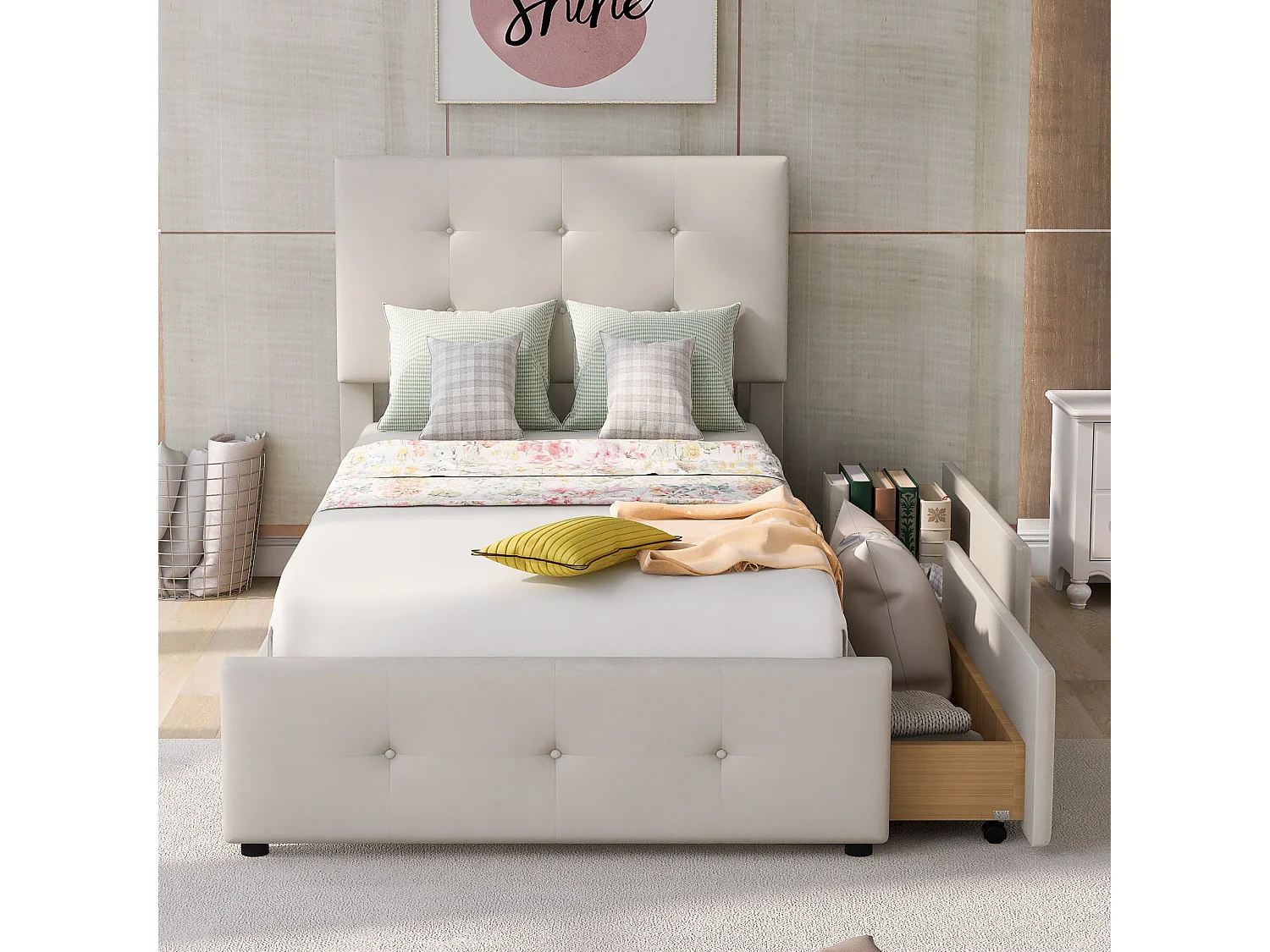 Lit simple 90x200 cm avec sommier à lattes, tête de lit et tiroir, tissu velours beige (Sans matelas)