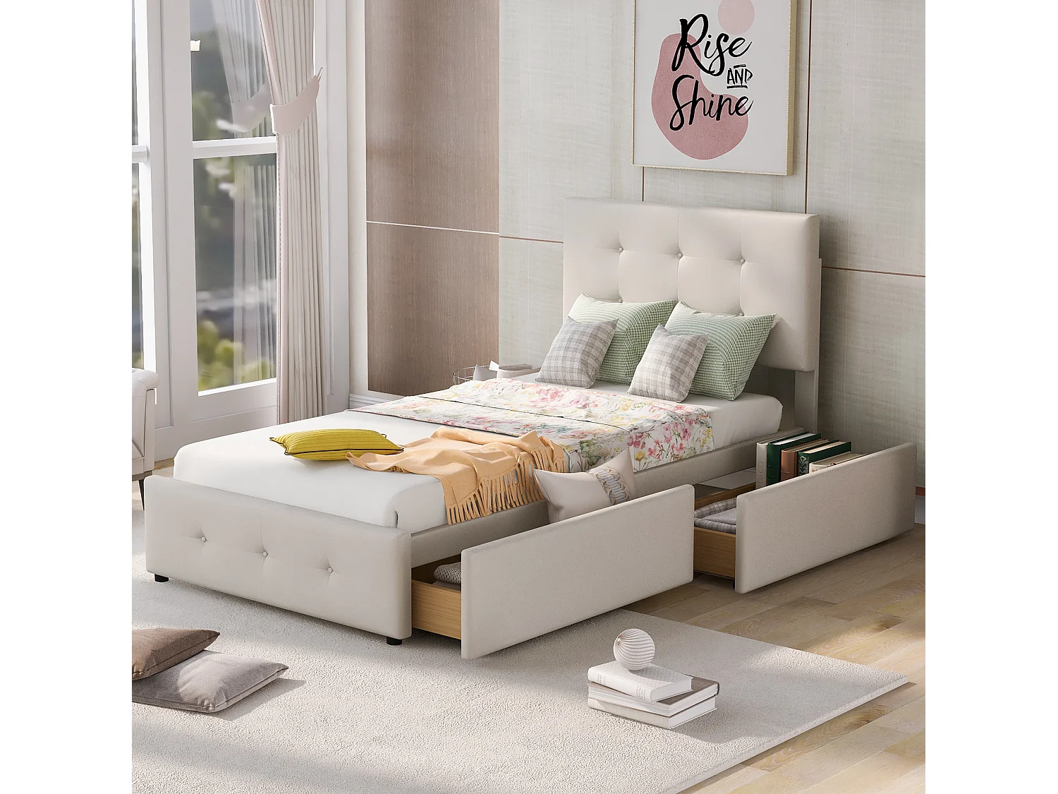 Lit simple 90x200 cm avec sommier à lattes, tête de lit et tiroir, tissu velours beige (Sans matelas)