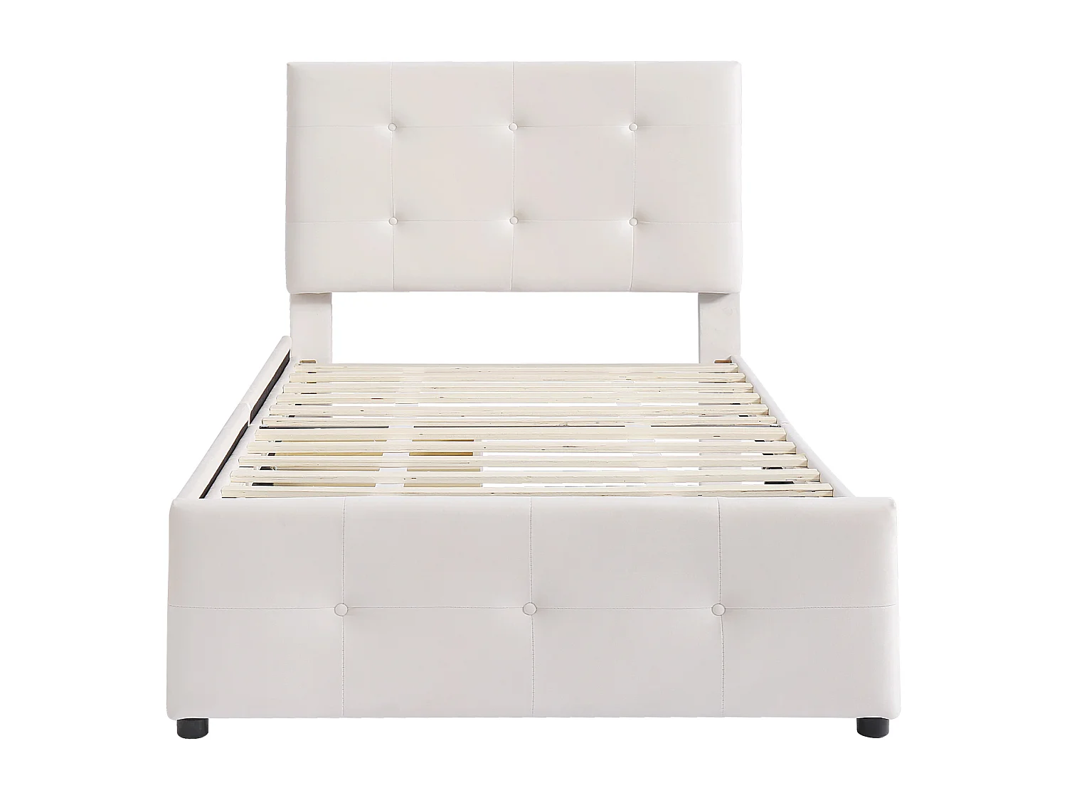 Lit simple 90x200 cm avec sommier à lattes, tête de lit et tiroir, tissu velours beige (Sans matelas)
